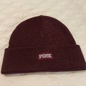 PINK VS Sparkle Shimmer Beanie Hat in maroon w/pink sparkles   NWOT
